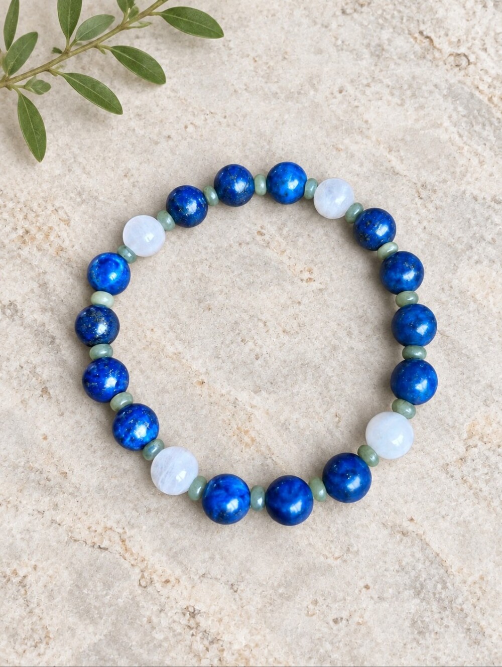 Lapis Lazula, Moonstone & Green Jade Beaded Stretch Bracelet | Handmade